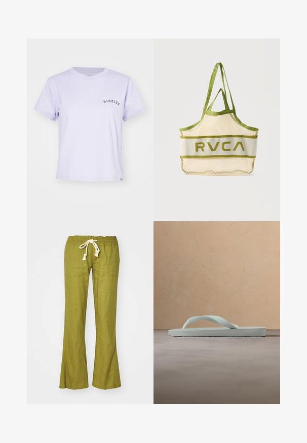 T-shirt en coton violet clair avec encolure ras du cou, manches courtes, et le mot "DICKIES" brodé en violet foncé sur la poitrine.; Pantalons évasés en lin vert avec une taille élastique et un cordon de serrage ajustable. Comprend deux poches latérales et une texture lisse.; Tongue en caoutchouc beige clair unique avec semelle texturée et bride en forme de Y sur un fond gris uni.; Sac fourre-tout en maille beige avec bordure et anses vert olive, arborant le logo "RVCA" au centre sur un fond uni.