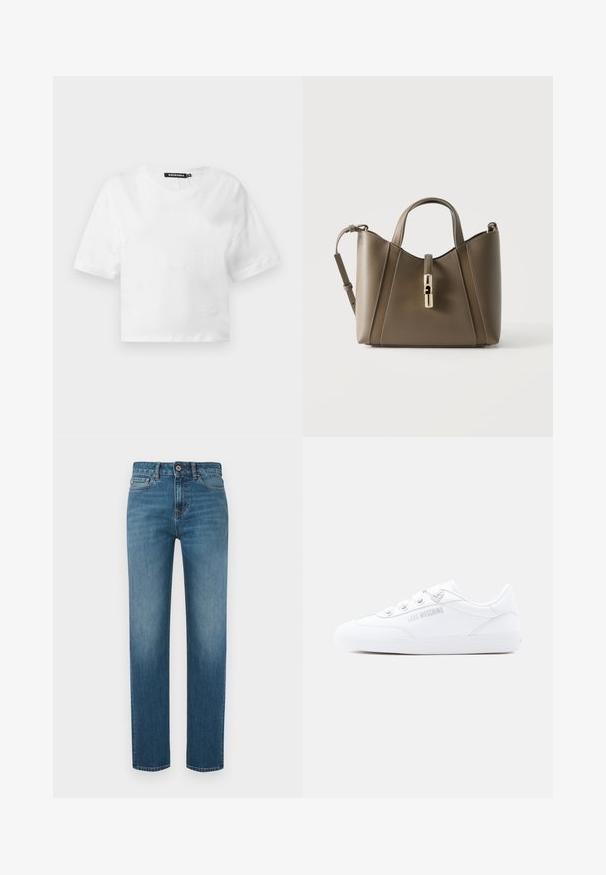 Λευκό κοντομάνικο cropped T-shirt με στρογγυλή λαιμόκοψη και μαύρη ετικέτα μάρκας στην εσωτερική πλευρά του γιακά, εμφανιζόμενο σε απλό ανοιχτόχρωμο φόντο.; Τζιν με ίσια γραμμή σε μπλε χρώμα, με πέντε τσέπες, κούμπωμα με κουμπί και διακριτική ξεθώριαση στους μηρούς και τα γόνατα μπροστά.; Λευκά αθλητικά παπούτσια με δερμάτινο επάνω μέρος, σχέδιο με κορδόνια και ανάγλυφο λογότυπο στο πλάι. Επίπεδη σόλα από καουτσούκ με υφή λεπτομέρειας.; Καφέ δερμάτινη τσάντα με διπλές λαβές, ρυθμιζόμενο ιμάντα ώμου και χρυσό κούμπωμα στην πρόσοψη, σε απλό φόντο.
