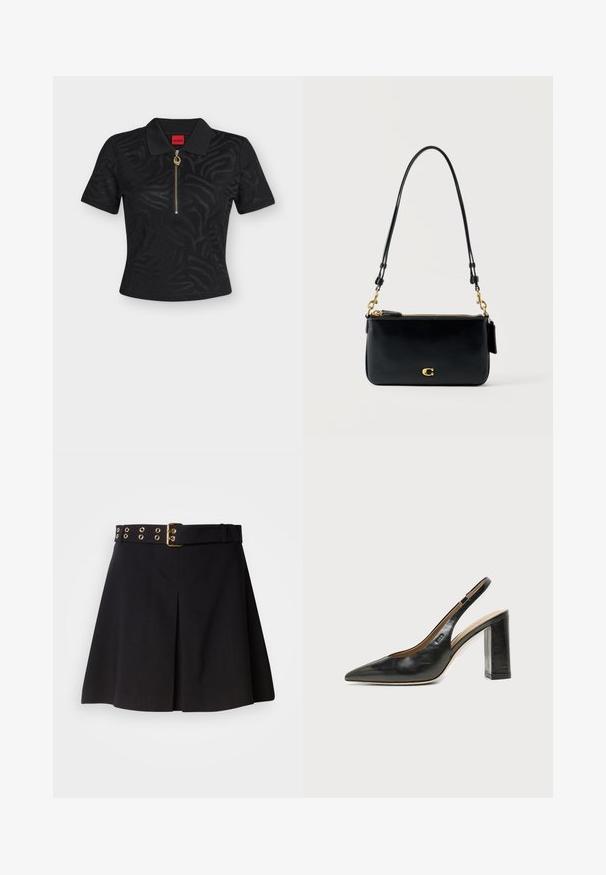 Schwarzes kurzärmeliges Poloshirt mit dezentem Zebramuster, goldfarbenem Reißverschluss mit rundem Zug und rotem Markenetikett im Krageninneren.; Schwarzer plissierter Rock mit einem breiten Gürtel, der goldene Metallbeschläge und Ösen-Details aufweist, aus glattem Stoff gefertigt und für eine taillierte Passform konzipiert.; Schwarzer Leder-Slingback-Schuh mit spitzer Kappe, hohem Blockabsatz und beigegefüttertem Innenraum vor hellem, einfarbigem Hintergrund.; Schwarze Leder-Umhängetasche mit goldenem Reißverschluss, goldenem Verschlussdetail und verstellbarem Riemen vor einem schlichten hellen Hintergrund.