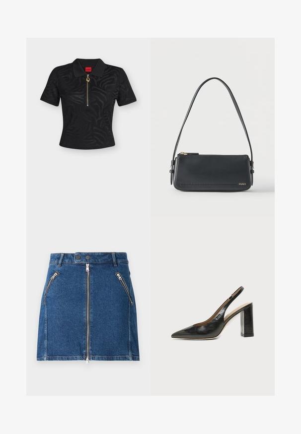 Sort polo t-shirt med korte ærmer og diskret zebramønster, guld lynlås med rund træk, og rød mærkebetiket inde i kraven.; Mørkeblå denimnederdel med to forreste lynlåslommer og en central lynlåslukning. Har en lige pasform og minimal syning.; Sort læder peep-toe slingback sko med høj blokhæl og beige indvendig foring mod en ensfarvet lys baggrund.; Sort rektangulær skuldertaske i læder med guld lynlås og lille guld "HUGO"-logo på fronten, med justerbar strop med spænde.
