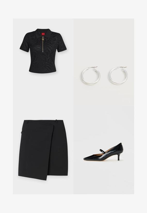 Sort polo t-shirt med korte ærmer og diskret zebramønster, guld lynlås med rund træk, og rød mærkebetiket inde i kraven.; Sort omslag nederdel med en glat tekstur, der har en lynlås i siden og to bæltestropper. Simpelt design uden synlige mønstre eller detaljer.; Sorte patenterede læder Mary Jane sko med spids tå og lav kitten hæl, præsenteret på hvid baggrund.; Par mellemstore skinnende sølv hoops øreringe med tynde metal spænder på en lys neutral baggrund.