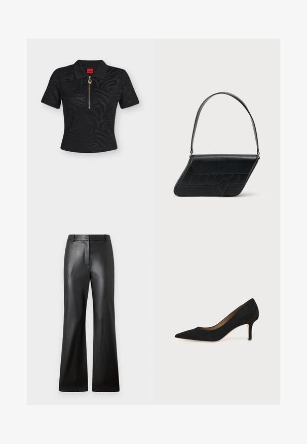 Schwarzes kurzärmeliges Poloshirt mit dezentem Zebramuster, goldfarbenem Reißverschluss mit rundem Zug und rotem Markenetikett im Krageninneren.; Schwarze Lederhosen mit glatter Textur, weit geschnittenem Design und mid-rise Bund mit Gürtelschlaufen und Fronttaschen.; Schwarzer Wildleder-Pumps mit spitzer Schuhspitze, schlankem mittelhohem Stiletto-Absatz und tiefem Ausschnitt auf einfachem Hintergrund.; Schwarze Leder-Umhängetasche mit dreieckiger Form, geprägt mit Logo und einem einzigen verstellbaren Riemen. Minimalistisches Design mit glatter Textur.