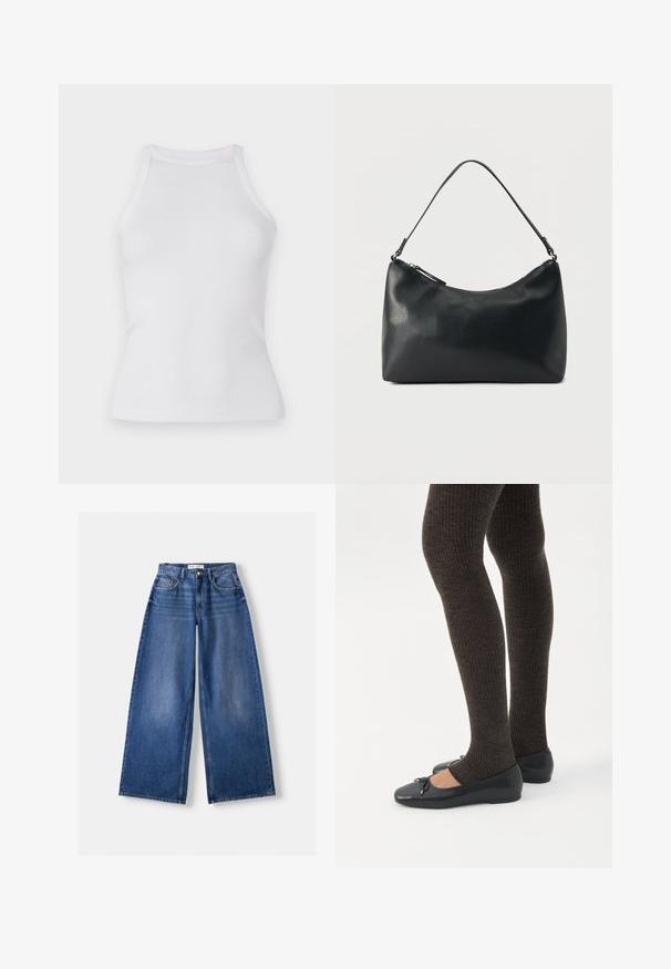 Hvid ribbet top med en tætsiddende design, rund halsudskæring og uden ærmer. Fremstillet af strækbart stof for komfort og bevægelsesfrihed.; Bredbenet blå denimjeans med forlommer, bæltestropper og knaplukning, lagt fladt på en lys baggrund.; Ben iført mørke ribbede leggings kombineret med sorte balletsko med små sløjfedetaljer på hvid baggrund.; Sort skuldertaske i struktureret læder med buet toplynlås og enkelt justerbar rem mod ensfarvet baggrund.