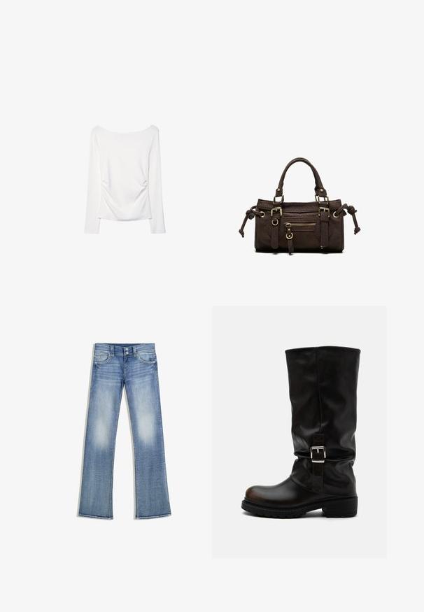 Langærmet hvid bluse med en bred halsudskæring og gather-detalje på ryggen. Glat tekstur, tætsiddende design.; Lyseblå bootcut-jeans med falmet vask, fem lommer, bæltestropper og lukning med dobbelte knapper, lagt fladt ud på en hvid baggrund.; Høj sort læderstøvle med rund tå, lav hæl, sidelukningsrem og let slapt skaft på hvid baggrund.; Mørkebrun læderhåndtaske med dobbelte håndtag, forreste lynlåslomme, dekorative spænder og sideknuder på hvid baggrund.