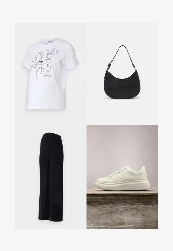 T-shirt en coton blanc avec un dessin en contour noir d'une fleur et le texte "Grandissons ensemble." Manches courtes et col rond.; Even&Odd Maternity by Zalando FULL LENGTH WIDE RIB PANTS M-EV4_SS22_2-1-A_011 - Wide Leg - black; Baskets en cuir blanc avec un bout rond, une texture lisse et des lacets contrastants. Dotées de trous de ventilation et d'une semelle en caoutchouc épaisse pour le confort.; Sac hobo noir en cuir lisse avec une silhouette arrondie, doté d'une seule sangle ajustable et de détails de design minimalistes.