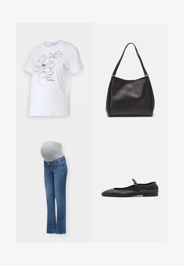 T-shirt en coton blanc avec un dessin en contour noir d'une fleur et le texte "Grandissons ensemble." Manches courtes et col rond.; Jean de maternité bleu avec un panneau ventral extensible gris conçu pour s'adapter sur un ventre de femme enceinte pour le confort et le soutien.; Ballerines en cuir noir avec un bout arrondi, un empeigne étroite et une petite bride à la cheville dotée d'une boucle ronde. Semelle basse et plate.; Sac à main en cuir synthétique noir avec une texture douce, forme hobo et doubles poignées; présente une finition brillante et un design minimaliste.