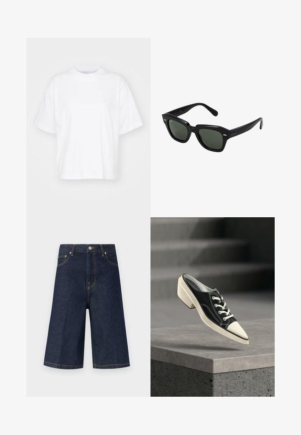 T-shirt en coton blanc avec un col rond, des manches courtes et une coupe décontractée. Présente un logo discret sur la zone gauche de la poitrine. Texture lisse.; Shorts en denim bleu foncé jusqu'aux genoux avec bouton à l'avant, poches et coutures jaunes, présentés sur un fond clair uni.; Chaussure noire et blanche à petit talon avec lacets, flottant au-dessus d'une surface en béton gris avec des escaliers en arrière-plan.; Lunettes de soleil carrées noires avec des verres vert foncé, présentant des montures audacieuses et des accents argentés sur les côtés. Fabriquées en Italie.