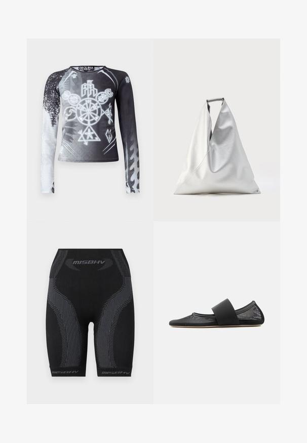 T-shirt à manches longues avec un dégradé noir et blanc, arborant des symboles graphiques dans des nuances de gris. Confectionné dans un tissu doux et léger.; Shorts de sport noirs avec une coupe ajustée, un tissu texturé, des rayures verticales grises et le logo "MISBHV" au bas.; Chaussure plate en mesh noir avec bout arrondi et large bride élastique sur le cou-de-pied, vue de profil sur fond uni.; Grand sac fourre-tout argenté de forme triangulaire avec une texture en cuir souple, debout verticalement avec une poignée supérieure visible sur un fond uni.