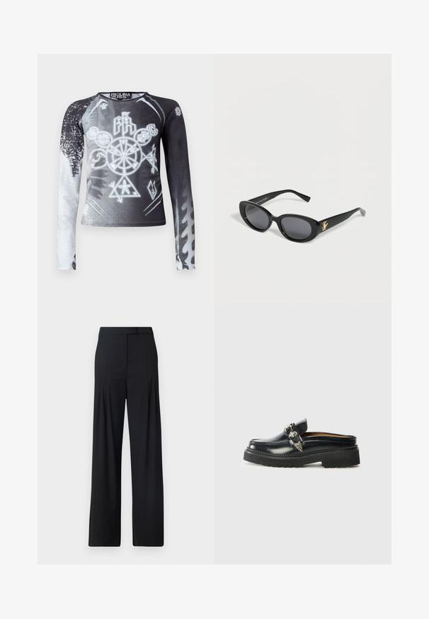 Camiseta de manga larga con un degradado en blanco y negro, que presenta símbolos gráficos en tonos de gris. Fabricada con un tejido suave y ligero.; Pantalones de pierna ancha negros con frente plano, pliegues y cinturilla ajustada. Fabricados con una tela suave y ligera.; Mocasines de piel negra sin cordones con una gruesa suela de goma negra, que presentan una correa decorativa plateada con acentos de alas y detalles de costura.; Gafas de sol ovaladas negras con lentes oscuras y logo dorado en la patilla, descansando sobre una superficie blanca.