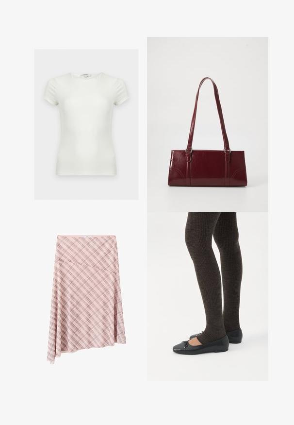 T-shirt ajusté blanc uni à manches courtes avec encolure ronde, présenté sur un fond neutre.; Jupe asymétrique rose à carreaux avec motif à carreaux diagonal et petite étiquette de marque à la taille sur fond blanc.; Jambes portant des leggings côtelés foncés associés à des ballerines noires avec de petits détails en nœud sur fond blanc.; Sac à main bordeaux en matériau brillant, de forme rectangulaire, avec deux anses et des accents légèrement courbés à l'avant.