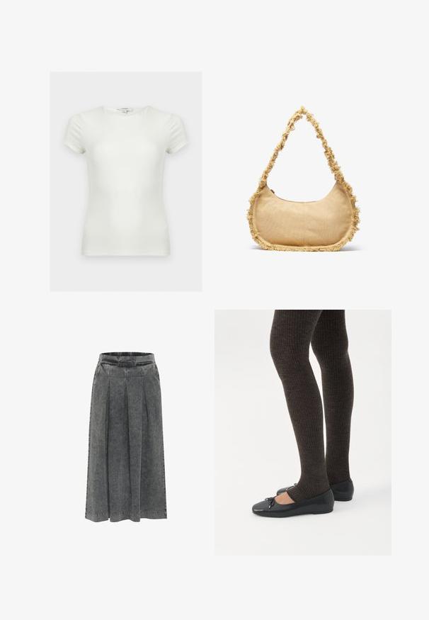 Plain hvid tætsiddende t-shirt med korte ærmer og rund halsudskæring, vist på en neutral baggrund.; Grå denimnederdel med plisseringer, elastisk talje, knælang og en tekstureret overflade. Simpelt design uden synlige mønstre eller dekorationer.; Ben iført mørke ribbede leggings kombineret med sorte balletsko med små sløjfedetaljer på hvid baggrund.; Struktureret beige taske med en rund form, frynset kant langs kanterne og en kort rem til at bære. Lynlåsåbning på toppen.