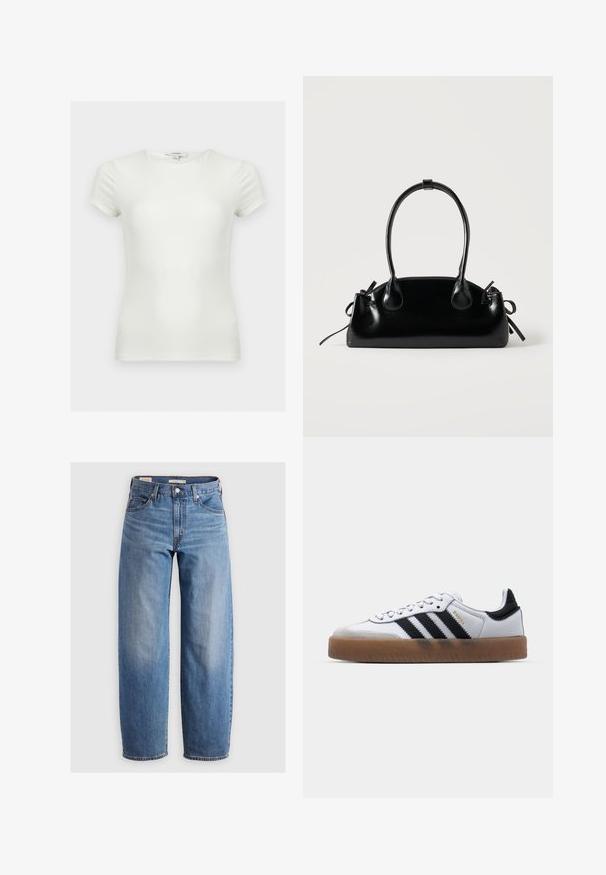 Camiseta blanca lisa ajustada con mangas cortas y escote redondo, mostrada sobre un fondo neutro.; Jeans de pierna recta de un azul claro, hechos de denim. Presentan un diseño clásico de cinco bolsillos y un ligero desvanecimiento a lo largo de las piernas.; Zapatillas de cuero blancas con rayas negras, suela de goma, puntera redonda, cierre de cordones y caperuza de ante gris suave.; Pequeño bolso negro brillante con dos asas largas y detalles de cordón lateral sobre un fondo claro liso.