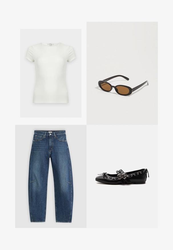 Effen witte aansluitende T-shirt met korte mouwen en ronde hals, getoond op een neutrale achtergrond.; Donkerblauwe denim jeans met een recht afgesneden ontwerp, voorzien van voorzakken, contrasterende stiksels en een subtiele vervaagde textuur op de broekspijpen.; Zwarte platte balletschoen met dubbele gespsluitingen, zilveren oogjes en een klein strikje nabij de afgeronde neus op een witte achtergrond.; Zonnebril met ovale bruine glazen, zwarte kunststof monturen en dunne armen. Soepele textuur met een minimalistisch ontwerp.