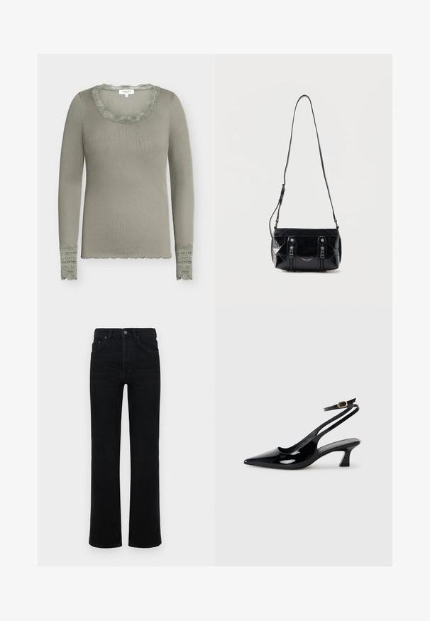 Haut à manches longues côtelé vert olive clair avec bordure en dentelle au col en forme de décolleté et aux poignets, silhouette ajustée et ourlet festonné.; Jean en denim noir avec taille haute, coupe droite, design à cinq poches et fermeture à bouton à l'avant. Texture lisse, détails minimaux.; Escarpins à brides arrière en cuir verni noir, à bout pointu, avec un petit talon carré et une sangle de cheville ajustable dotée d'une boucle dorée.; Sac à bandoulière en cuir noir avec sangle réglable, deux fermetures éclair verticales sur le devant et un petit emblème métallique en forme d'aile sous les fermetures éclair.