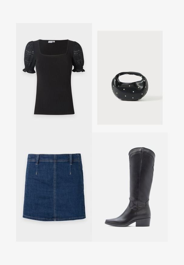 Haut noir à coutures côtelées avec un décolleté carré et de courtes manches bouffantes en dentelle. Présente un corps ajusté et des bords de manches froncés.; Jupe en denim bleu foncé à la coupe ajustée, avec poches avant et détails de couture visibles. Présente un ourlet droit et des passants de ceinture.; Bottes en cuir noir montant jusqu'au genou avec un bout carré et un petit talon bloc. Texture lisse et détails de coutures discrètes sur la tige.; Sac à main en cuir noir de forme arrondie, décoré de clous argentés et équipé d'une poignée courte. Texture lisse et fermeture éclair.