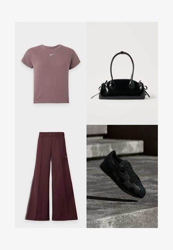 Mauve ribbel kortemouwen crop top met ronde hals en klein wit Nike-logo gecentreerd onder de halslijn.; Bordeaux wijde broek van een gladde stof met een elastische tailleband en witte zijstrepen. Bevat een klein Nike-logo op de linker dij.; Zwarte sneaker met een geribbelde zool en een cirkelvormig detail aan de zijkant, hangend boven een betonnen oppervlak met trappen op de achtergrond.; Kleine zwarte glanzende handtas met twee lange hengsels en zijkant trekkoord details op een effen lichte achtergrond.