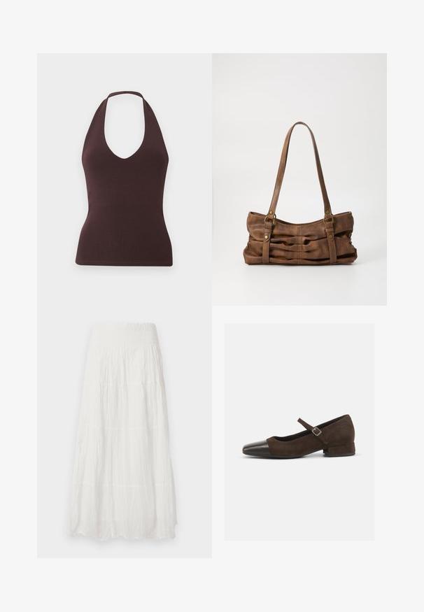 Haut sans manches marron foncé avec col halter, texture côtelée et profond décolleté en V, silhouette ajustée sur fond clair uni.; Jupe longue blanche avec tissu froissé en étages et taille élastiquée smockée, fluide et légère.; Chaussure Mary Jane en daim marron avec un embout en cuir verni noir, bride ajustable et un petit talon carré. Texture lisse avec de minimalistes accents.; Even&Odd by Zalando Sac à main - brown