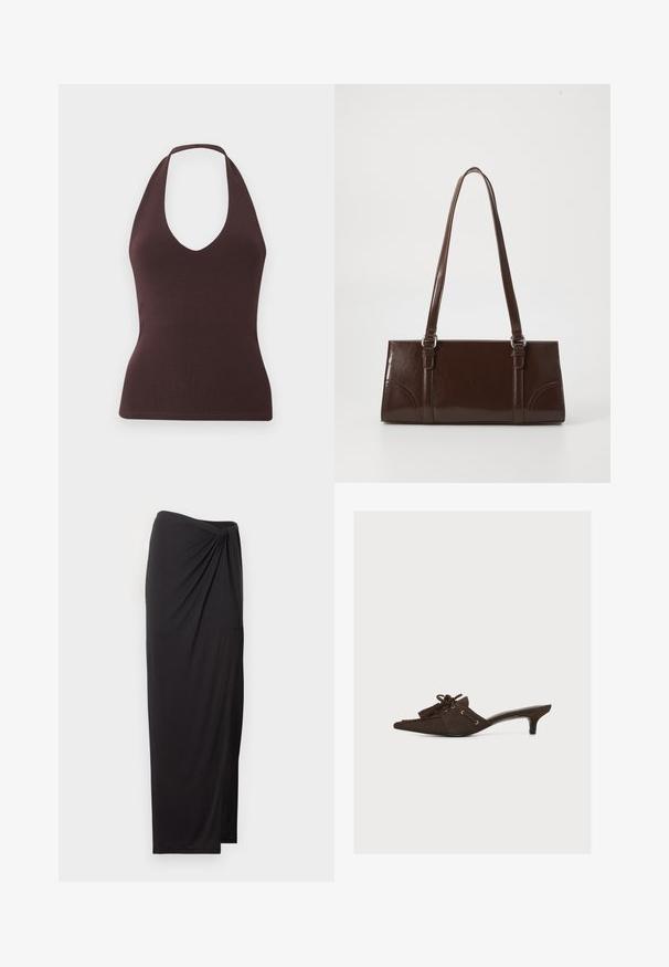 Mouwloze donkerbruine haltertop met geribbelde structuur en diepe V-hals, aansluitende silhouet op een effen lichte achtergrond.; Zwarte maxi rok met hoge taille, geplooide details aan één kant en een zijslit, gemaakt van lichtgewicht stof.; Bruine suède muil met lage kittenhak, puntige neus, kwastje en kanten detail op een effen lichte achtergrond.; Bruine lakleren handtas met een rechthoekige vorm, twee lange handvatten en subtiele gebogen accenten aan de voorkant.