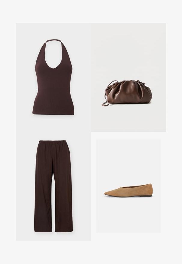 Haut sans manches marron foncé avec col halter, texture côtelée et profond décolleté en V, silhouette ajustée sur fond clair uni.; Pantalon marron foncé, coupe ample, taille élastique, jambes droites, sans poches ni motifs visibles.; Ballerines en suède beige avec un bout pointu, un talon bas et une texture lisse. Design simple sans motifs visibles ni détails matériels.; Sacoche en cuir marron doux avec un haut froncé et une fine bandoulière, posée sur un fond blanc.