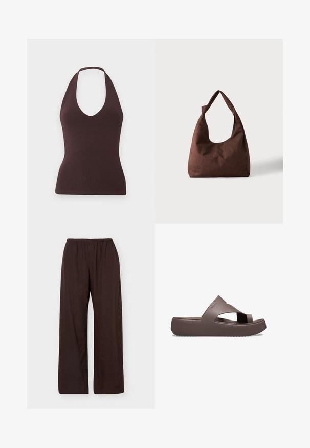 Haut sans manches marron foncé avec col halter, texture côtelée et profond décolleté en V, silhouette ajustée sur fond clair uni.; Pantalon marron foncé, coupe ample, taille élastique, jambes droites, sans poches ni motifs visibles.; Sandales à plateforme marron en matériau en caoutchouc, présentant un design à sangles croisées, un bout ouvert et une semelle texturée pour une meilleure adhérence. Logo sur le côté.; Sac à main en tissu marron texturé avec une seule anse nouée, présenté sur un fond clair uni.