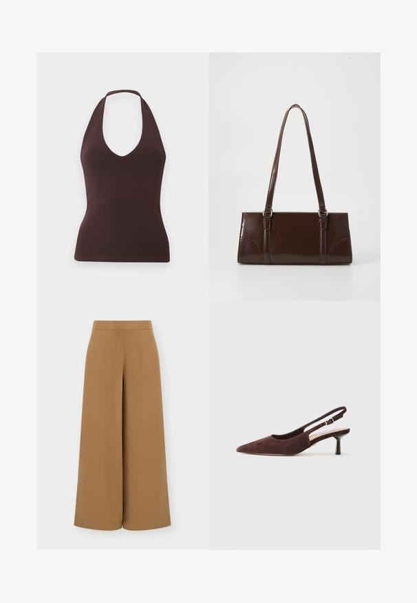 Ärmelloses dunkelbraunes Neckholder-Top mit gerippter Textur und tiefem V-Ausschnitt, figurbetonte Silhouette auf einfarbigem hellem Hintergrund.; Hoch sitzende, weit geschnittene Cropped-Hosen in Kamelfarben mit flacher Vorderseite und glattem Bund, auf weißem Hintergrund dargestellt.; Braune Wildleder-Slingback-Schuhe mit spitzer Zehenform und schmalem Absatz. Verfügt über einen verstellbaren Riemen mit einer Metall-Schnalle.; Braune Lackleder-Handtasche in rechteckiger Form, mit zwei langen Griffen und subtilen, geschwungenen Akzenten auf der Vorderseite.