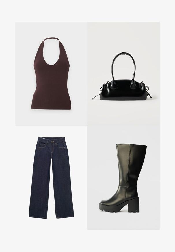 Ärmelloses dunkelbraunes Neckholder-Top mit gerippter Textur und tiefem V-Ausschnitt, figurbetonte Silhouette auf einfarbigem hellem Hintergrund.; Dunkelblaue, weit geschnittene Jeans aus Denim mit Knopf- und Reißverschluss, fünf Taschen und gelben Nähten.; Schwarze Lederstiefel bis zum Knie mit einem grob strukturierten schwarzen Plateauschuh. Sie verfügen über eine glatte Oberfläche und ein elegantes vertikales Design.; Kleine schwarze glänzende Handtasche mit zwei langen Griffen und seitlichen Kordelzug-Details vor einfachem hellem Hintergrund.