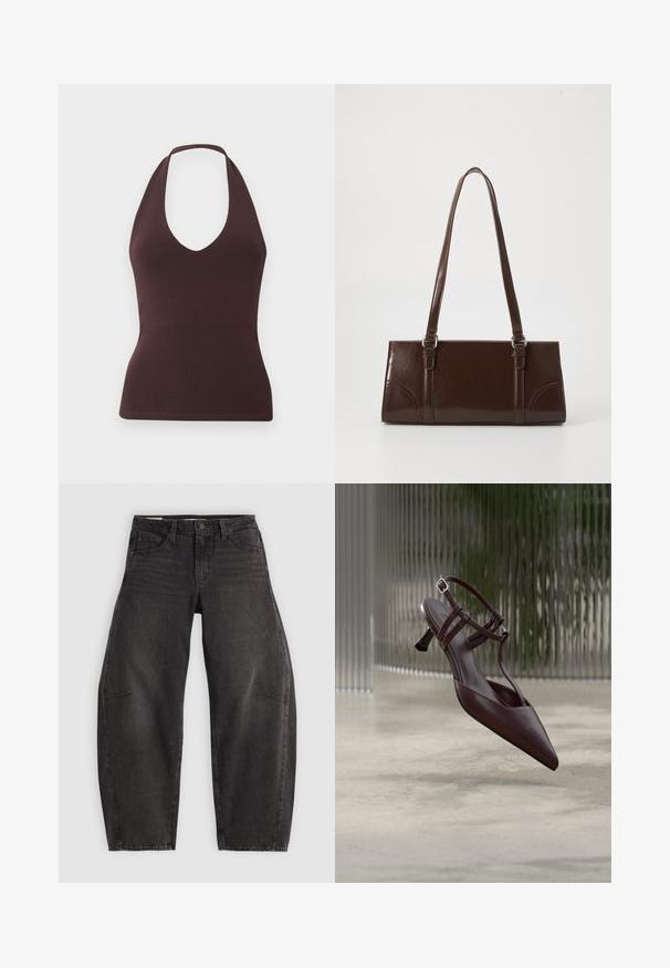 Ærmeløs mørkebrun halterneck-top med ribbet tekstur og dyb V-hals, tætsiddende silhuet på ensartet lys baggrund.; Sorte denim jeans med en afslappet pasform, der har fem lommer, knaplukning og subtil fading. Stoffet har en glat, robust tekstur.; Mørkebrune læder slingback-sko med spids tå, tynde stropper og lille buet kittenhæl, vist mod en abstrakt baggrund.; Brun lakeret håndtaske med rektangulær form, to lange håndtag og subtile buede detaljer på fronten.