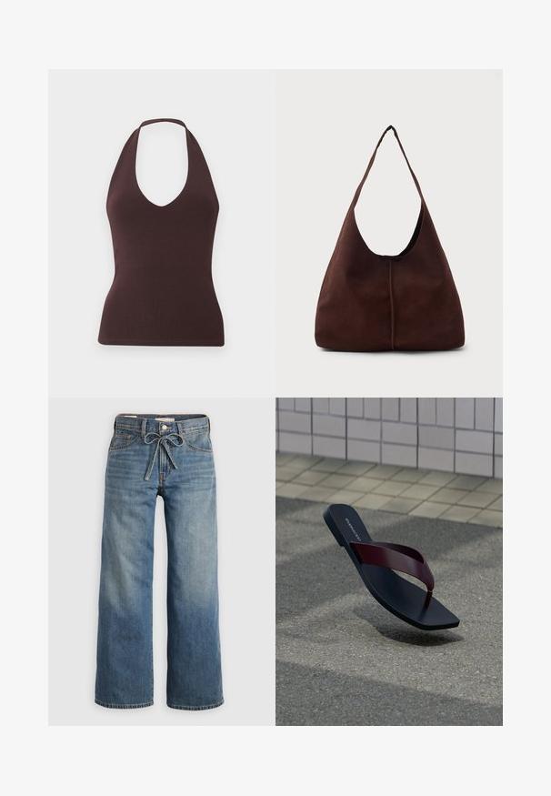 Mouwloze donkerbruine haltertop met geribbelde structuur en diepe V-hals, aansluitende silhouet op een effen lichte achtergrond.; Lichtblauwe wijdlopende spijkerbroek van denim, met een trekkoord in de taille, twee voorzakken en subtiele vervaging voor textuur.; Enkel zwart teenslipper met een donkerrode band die zweeft boven een grijs asfaltoppervlak met beige betegelde stoep op de achtergrond.; Bruine suède hobo tas met een grote, gebogen opening en een brede schouderband. Heeft een centrale naad aan de voorkant. Glad van structuur.