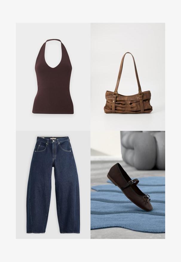 Ärmelloses dunkelbraunes Neckholder-Top mit gerippter Textur und tiefem V-Ausschnitt, figurbetonte Silhouette auf einfarbigem hellem Hintergrund.; Dunkelblaue Denim-Jeans mit lockerer Passform, heller Naht, fünf Taschen und einem Knopfverschluss am Bund.; Dunkelbrauner Mary-Jane-Flachschuh mit Schnalle und Schleifendetail, der auf einem welligen, blauen strukturierten Teppich liegt, im Hintergrund ein graues Polstersofa.; Even&Odd Handtasche - brown