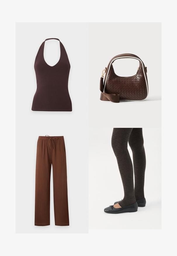 Haut sans manches marron foncé avec col halter, texture côtelée et profond décolleté en V, silhouette ajustée sur fond clair uni.; Pantalon marron texturé coupe ample avec une taille élastique et un cordon ajustable, jambes droites et poches latérales.; Jambes portant des leggings côtelés foncés associés à des ballerines noires avec de petits détails en nœud sur fond blanc.; Sac à main en cuir tressé marron avec passepoil blanc, fermeture éclair dorée et bandoulière amovible en tissu marron.
