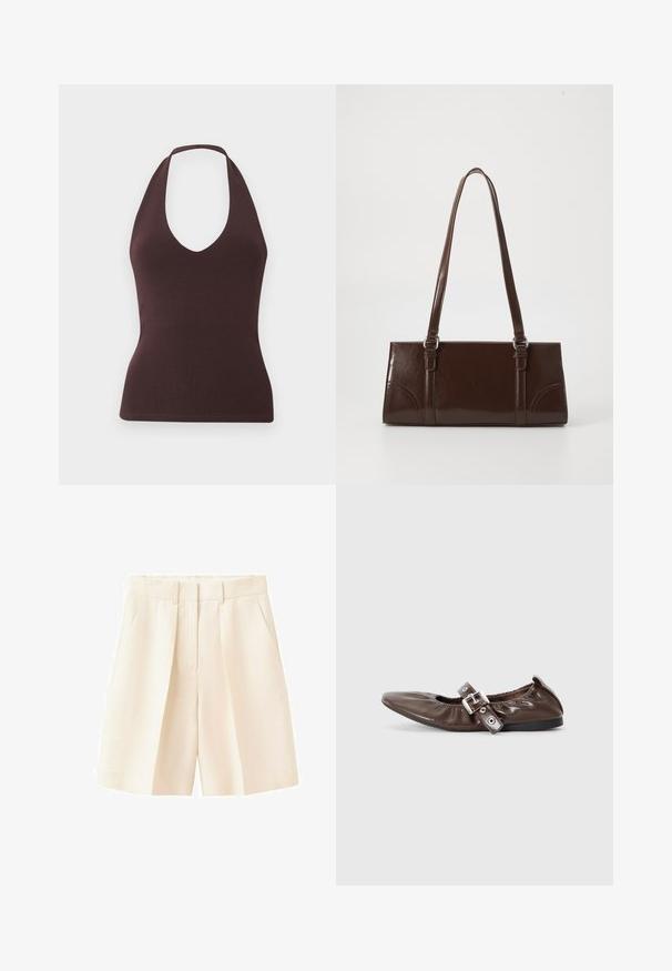 Haut sans manches marron foncé avec col halter, texture côtelée et profond décolleté en V, silhouette ajustée sur fond clair uni.; Shorts taille haute de couleur crème, coupés sur mesure, avec passants de ceinture, plis à l'avant et poches latérales inclinées.; Chaussure plate en cuir verni marron avec un bout pointu, un détail de nœud élastiqué et une accent en boucle en argent sur le côté. Semelle en caoutchouc noir.; Sac à main en cuir verni marron de forme rectangulaire, avec deux longues poignées et des accents courbés subtils à l'avant.
