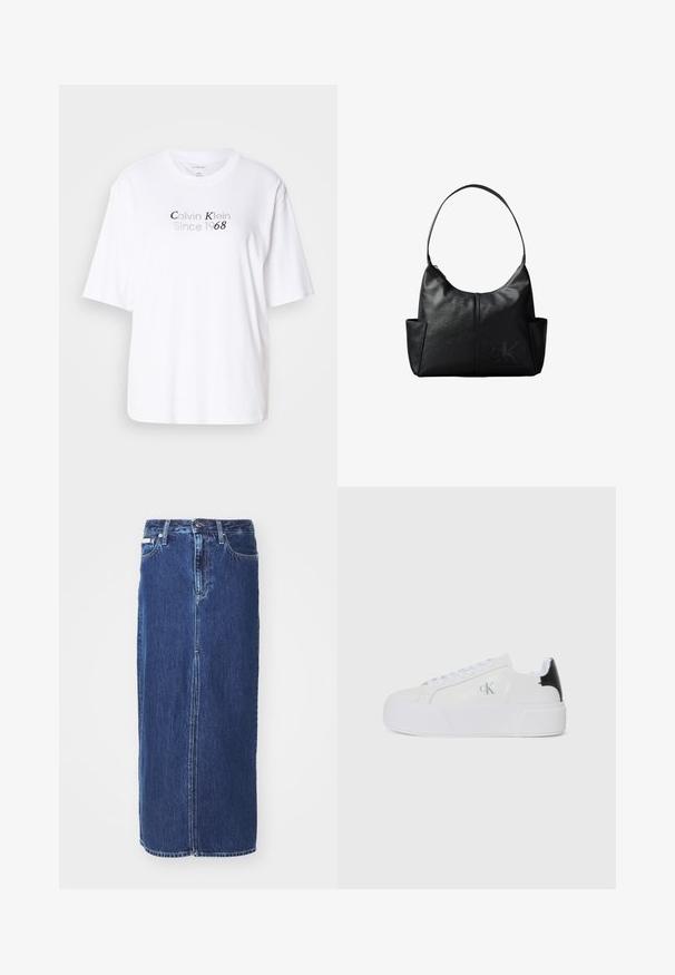 Hvid bomulds T-shirt med rund hals og korte ærmer. Har grå tekst "Calvin Klein Since 1968" centreret foran.; Mørkeblå denimnederdel, knælang, med slidse foran, traditionel talje og fem-lommes design med kontrasterende syninger.; Calvin Klein Jeans Sneakers - bright white/black; Sort læder skuldertaske med en enkelt rem, sidelommer og et diskret prægede Calvin Klein-logo på forsiden nederst til højre.