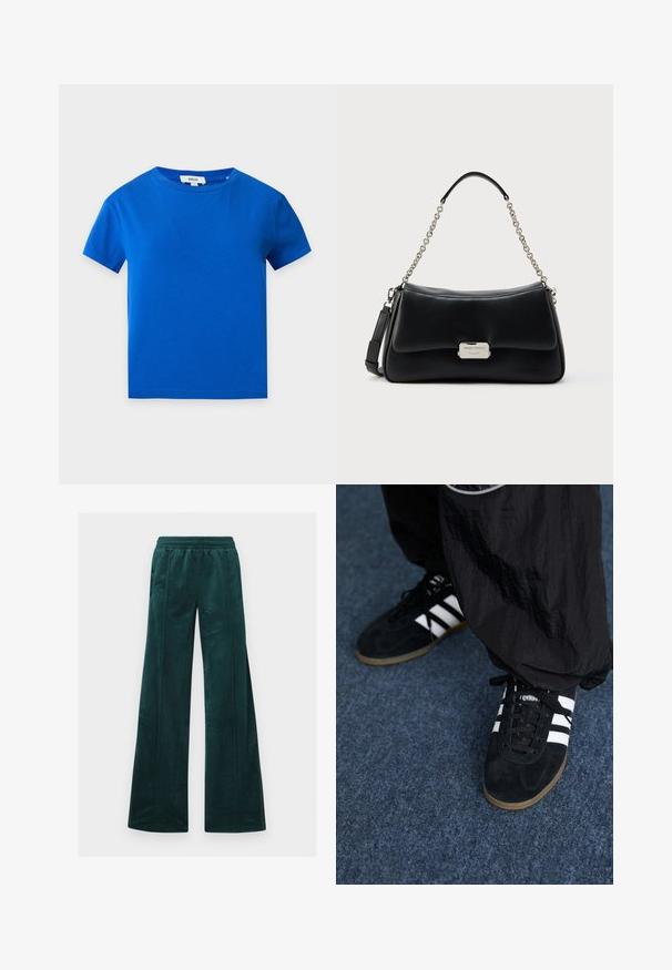 T-shirt unisexe à manches courtes bleu vif avec col rond et étiquette de marque blanche visible à l'intérieur du col.; Pantalons larges teal en velours doux, avec une taille élastique et des coutures verticales. Pas de poches visibles.; Des chaussures de sport en suède noir avec trois rayures blanches et des lacets noirs. Un pantalon noir texturé est partiellement visible à côté des chaussures.; Sac à main en cuir noir à la forme incurvée, avec poignée en chaîne et cuir, quincaillerie argentée et plaque de logo embossée sur le devant.