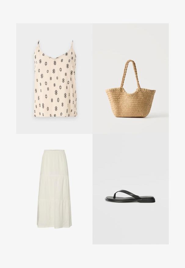 Top sin mangas en crema con patrones geométricos negros, tejido suave, tirantes ajustables y escote en V.; Falda maxi blanca, en capas, hecha de una tela ligera y texturizada con una cinturilla elástica. Presenta tres secciones de tela distintas.; Chancla negra de piel suave, con un diseño de tira delgada y una suela plana de perfil mínimo. Sin patrones ni acentos notables.; Bolso tote de paja trenzada con base ancha, asas trenzadas y color beige natural sobre fondo blanco liso.