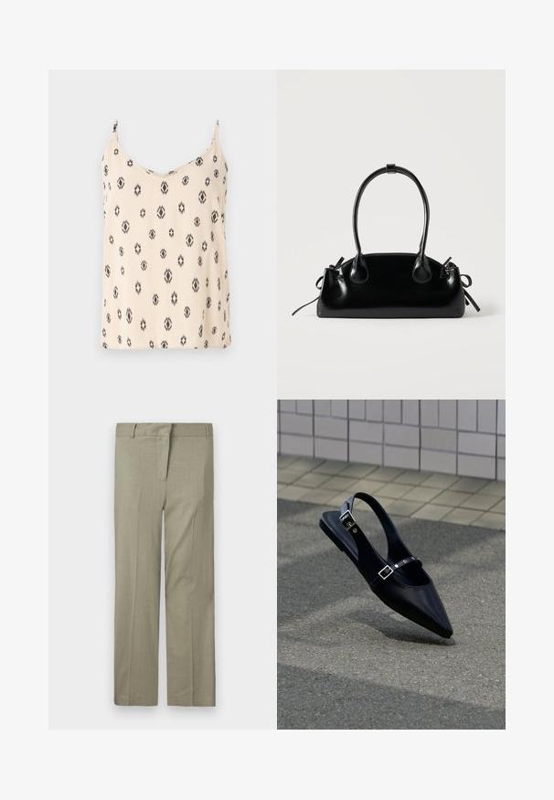Cremefarvet tanktop med sorte geometriske mønstre, blød stof, justerbare spaghetti-stropper og V-udskæring.; Lys olivengrønne bukser, skræddersyet pasform, med flad front, to sidelommer og et glat, struktureret stof. Ingen synlige mønstre eller accenter.; Sort flad slingback med spids tå og dobbelte spænder, hvilende på grå asfalt nær flisevæg.; Lille sort blank håndtaske med to lange håndtag og snøre-detaljer i siden på en ensfarvet lys baggrund.