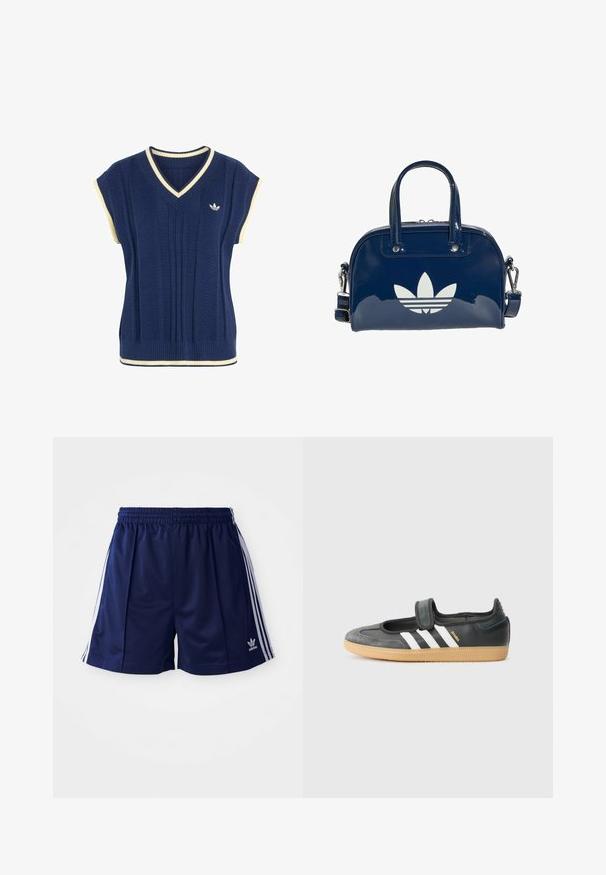 Marineblauer, gestrickter ärmelloser Pullover mit weißem Besatz am V-Ausschnitt, an den Armlöchern und am Saum, mit kleinem weißem Adidas-Logo auf der Brust.; Marinefarbene Sportshorts aus leichtem Material, mit weißen Seitenstreifen und einem gestickten Logo unten links. Elastischer Bund.; Schwarze Leder- und Wildledersneaker mit einem Klettverschluss, ausgestattet mit drei weißen Streifen und einer Gummisohle, beschriftet mit "SAMBA" an der Seite.; Glänzende, dunkelblaue Handtasche mit zwei Griffen und verstellbarem Riemen, vorne mit einem großen weißen Adidas-Trefoil-Logo.