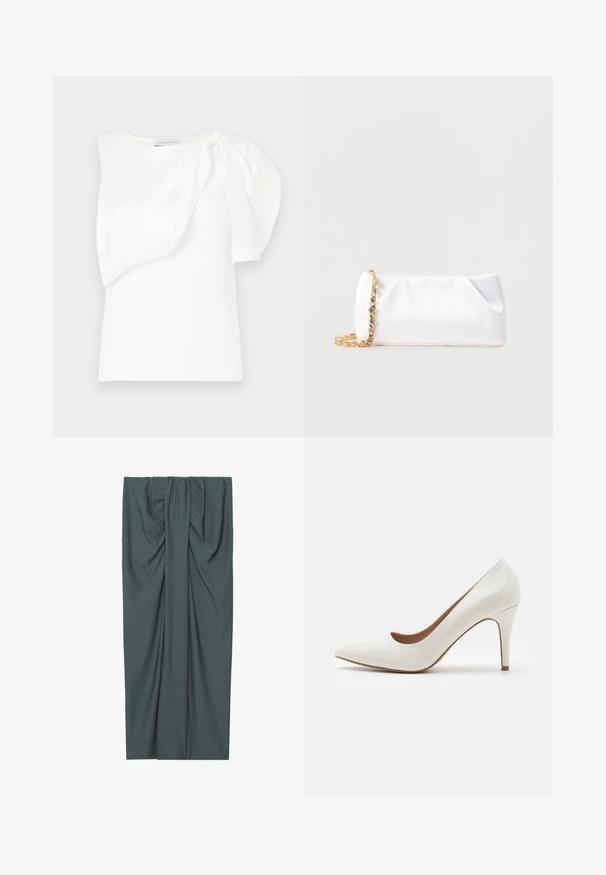 Top blanco sin mangas con detalle de tela en capas asimétricas y manga abullonada en un hombro, dispuesta sobre un fondo blanco.; Cortina de tela verde oscuro con un diseño de parte superior fruncido, textura suave y una caída elegante. La tela parece ligera y flexible.; Zapato de tacón alto de charol blanco con punta afilada y superficie lisa, que presenta un tacón esbelto y un corte bajo alrededor de la abertura.; Bolso de mano suave blanco con correa de cadena dorada adornada con piedras preciosas transparentes, sobre un fondo liso de color gris claro.