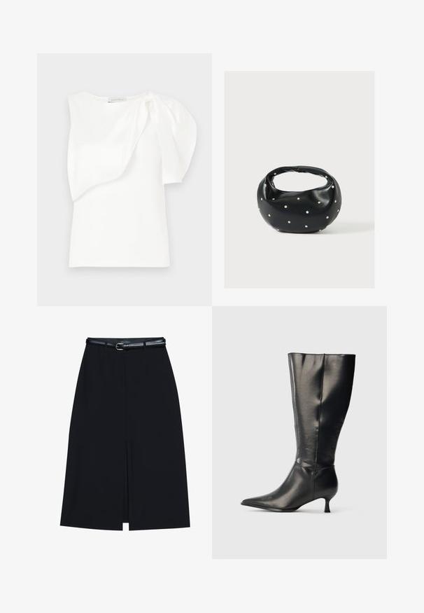 Haut sans manches blanc avec détail de tissu superposé asymétrique et manches bouffantes froncées sur une épaule, présenté à plat sur un fond blanc.; Jupe noire à mi-cuisse avec une fente frontale, fabriquée en tissu lisse. Comprend une fine ceinture noire avec une boucle en argent et des passants.; Botte en cuir noire montant jusqu'au genou, avec un bout pointu et un petit talon bas, présentée sur un fond clair uni.; Sac à main en cuir noir de forme arrondie, décoré de clous argentés et équipé d'une poignée courte. Texture lisse et fermeture éclair.