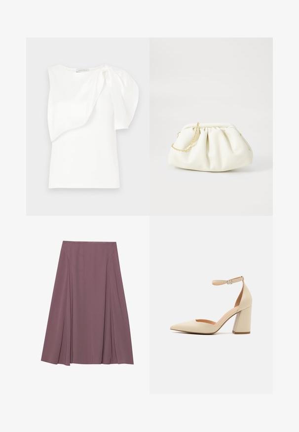 Weißes ärmelloses Top mit asymmetrischem, geschichtetem Stoffdetail und gerafftem Puff auf einer Schulter, flach ausgelegt auf weißem Hintergrund.; Ein knielanger Rock in einem sanften Mauve-Ton, aus leichtem Stoff mit plissiertem Design und glatter Textur. Keine sichtbaren Verschlüsse.; Beige Lackleder-High-Heel-Pumps mit spitzen Zehen, Knöchelriemen und dicker Absatzhöhe. Glatte Textur mit minimalen Steppdetails.; Weiße Lederhandtasche mit einem gerafften Design, ausgestattet mit einem goldenen Kettenriemen und einer runden Form. Glatte Textur mit sanften Falten und ohne Muster.