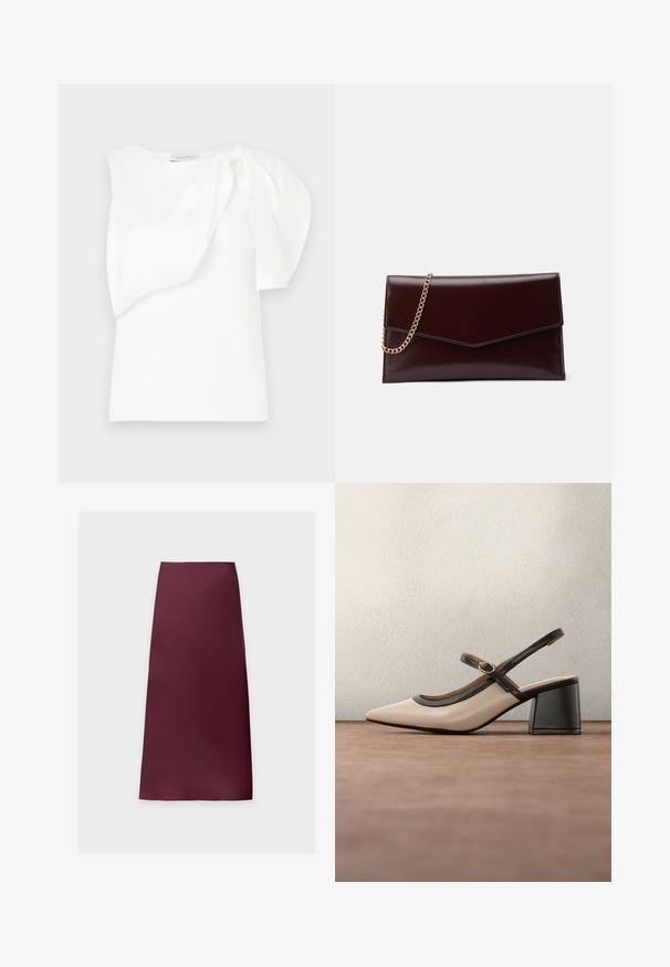 Haut sans manches blanc avec détail de tissu superposé asymétrique et manches bouffantes froncées sur une épaule, présenté à plat sur un fond blanc.; Jupe midi droite de couleur bordeaux foncé unie, en tissu lisse sans motifs ni ornements visibles.; Chaussure beige à talons hauts avec bride arrière, bout pointu, bordure noire et détail boucle. Matériau lisse à finition mate, talon moyen épais.; Sac à main en cuir de couleur bordeaux foncé avec un design en forme d'enveloppe. Il dispose d'une anse en chaîne dorée, d'une texture lisse et d'une fermeture en pointe.