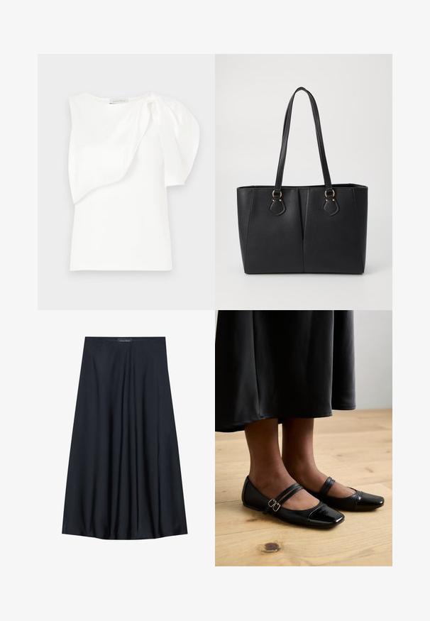 Haut sans manches blanc avec détail de tissu superposé asymétrique et manches bouffantes froncées sur une épaule, présenté à plat sur un fond blanc.; Jupe noire, arrivant aux genoux, en tissu léger avec un design fluide. Présente une texture lisse et de subtils plis pour un détail supplémentaire.; Ballerines en cuir verni noir avec un bout carré, comportant deux brides avec boucles. Les semelles sont plates sur un sol en bois clair.; Sac fourre-tout noir en simili cuir avec une finition texturée, deux longues poignées et des accents en métal doré sur le côté. Shape rectangulaire.
