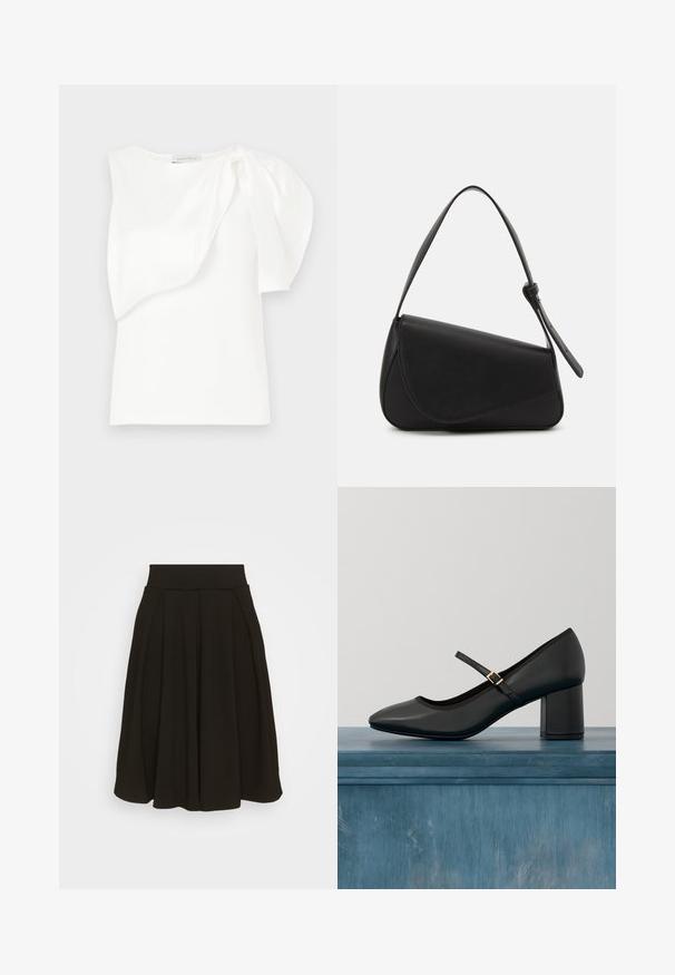 Weißes ärmelloses Top mit asymmetrischem, geschichtetem Stoffdetail und gerafftem Puff auf einer Schulter, flach ausgelegt auf weißem Hintergrund.; Schwarz gefaltetem Rock mit einem breiten, elastischen Bund. Hergestellt aus einem weichen Stoff, mit einem knielangen Saum und glatter Textur.; Schwarze Mary-Jane-Schuhe mit Blockabsatz und goldener Schnallenriemen, die über einem glatten Betonboden in einer minimalistischen Innenanordnung schwebt.; Schwarze Lederhandtasche mit dreieckiger Form, schrägem Klappdeckel und rundem Oberhandgriff. Verfügt über eine glatte Textur und minimalistische Designdetails.