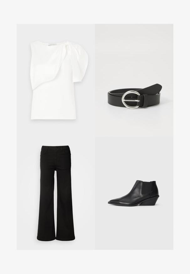 Weißes ärmelloses Top mit asymmetrischem, geschichtetem Stoffdetail und gerafftem Puff auf einer Schulter, flach ausgelegt auf weißem Hintergrund.; Schwarze, weit geschnittene Jeanshose aus Denim, mit vorderen Taschen, Knopfverschluss und einer glatten Textur mit sauberem Finish.; Schwarze Leder Stiefeletten mit spitz zulaufender Zehenpartie, elastischen Seitenteilen und einem kurzen, schrägen Absatz. Glatte Textur mit minimalen Details.; Schwarzer Leder Gürtel mit einer runden silbernen Schnalle, glatter Textur und einem schlichten Design. Der Riemen ist verstellbar und hat ein spitzes Ende.