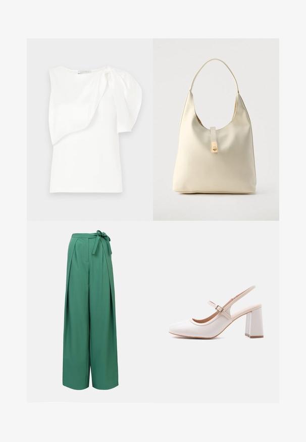 Haut sans manches blanc avec détail de tissu superposé asymétrique et manches bouffantes froncées sur une épaule, présenté à plat sur un fond blanc.; Pantalon vert à jambes larges avec ceinture nouée, présentant des plis et une texture lisse. Conçu pour une coupe décontractée et un style polyvalent.; Chaussure femme slingback couleur crème avec talon bloc et bride réglable avec boucle dorée, vue de côté sur fond blanc.; Sac hobo en cuir couleur crème avec une seule bandoulière, texture lisse et un détail de fermoir doré à l'avant.