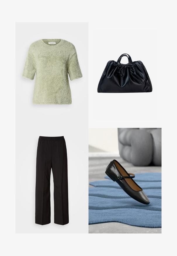 Kortærmet, fluffy pullover i lysegrøn. Blød tekstur, rund hals, afslappet pasform med en let løs silhuet og uden synlig hardware.; Sorte brede bukser med plisseret design, elastisk talje og glat stoftekstur. Velegnet til forskellige anledninger.; Sort læder Mary Jane-sko med spænde, vist på et struktureret blåt tæppe, med en sløret grå tuftet sofa i baggrunden.; Sort lædertaske med rynket top, korte dobbelthåndtag og snørebåndslukning foran i midten mod en hvid baggrund.