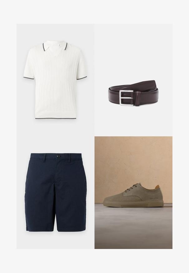 Hvid polo-skjorte med korte ærmer med lodret ribstruktur og sort kant ved krave, ærmekanter og nederste kant.; Marineblå shorts lavet af letvægtsstof. Har en knaplukning, flad front og to sidelommer. Klassisk, lige pasform.; Beige ruskinds-snørestøvle med gummisål, mærket "Marc O'Polo," svæver over tekstureret beige tæppe i et rum med neutrale toner.; Brun læderbælte med en glat overflade, der har en sølvmetalspænde. Bæltet er fladt og tilspidset i den ene ende, med synlige søm.