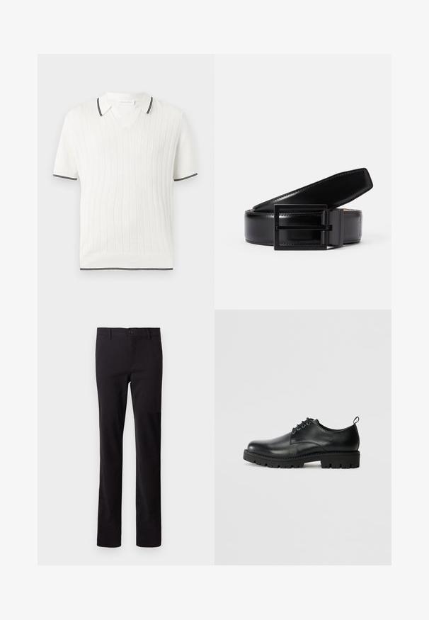 Weißes Poloshirt mit kurzen Ärmeln, vertikaler Rippstruktur und schwarzem Besatz am Kragen, an den Ärmelbündchen und am unteren Saum.; Schwarze Hose aus Baumwollmischgewebe; mit geradem Beinschnitt und einem vorderen Knopfverschluss. Keine sichtbaren Muster oder Verzierungen.; Schwarze Lederschuhe mit runder Zehenform, ausgestattet mit einer Schnürung, robustem schwarzen Gummisohle und einer kleinen Fersenschlaufe auf der Rückseite.; Schwarzer Ledergürtel mit glatter Oberfläche, ausgestattet mit einer quadratischen schwarzen Metallschnalle. Der Gürtel hat dezente Nähte und ein klassisches Design.