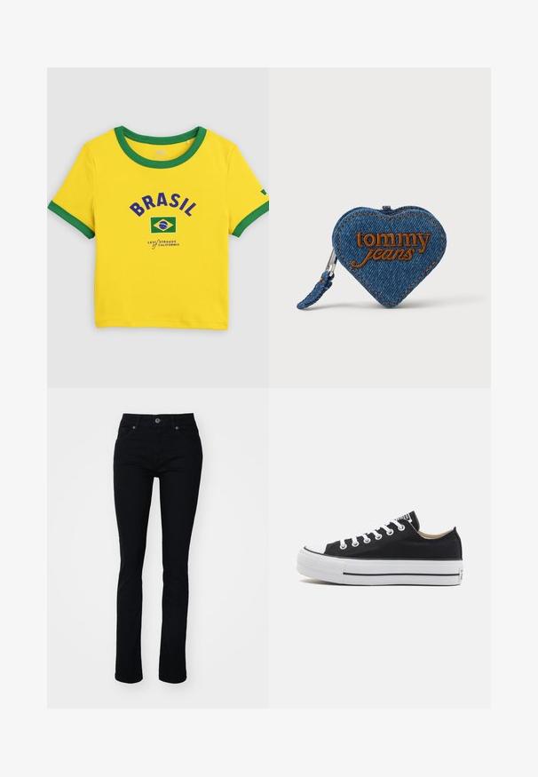 Kollane lühikeste varrukatega T-särk rohelise krae ja mansettidega, ees "BRASIL" tekst, Brasiilia lipp ning Levi Strauss of California logo.; Mustad denim püksid, mis on slim fit lõikega, viie taskuga, lukuga ja nööpidega kinnitusega. Sile tekstuur ning kerge venimismugavuse jaoks.; Madal tumesinine lõuatsportkinga valge kummist tallaga, valgete nööride ja musta triibuga tallal, vaadatuna küljelt.; Südamekujuline sinine denimpadi, millel on oranž tikandiga "tommy jeans" logo ning millel on tõmblukk ja dekoratiivsed õmblused.