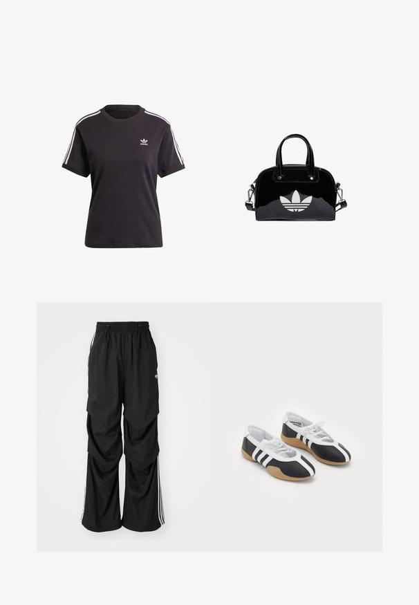 Sort bomulds t-shirt med korte ærmer og rund hals, der har hvide striber på skuldrene og et lille hvidt Adidas-logo på brystet.; Sorte løstsiddende bukser med elastisk talje, snøre og hvide sidestriber; lavet af letvægtsstof med en glat tekstur.; Sort-hvide sportsko med et slankt design, gummisål, snørebåndslukning og tre hvide striber på siden.; Sort patentlæder håndtaske med rund form, to top-håndtag, sølvdetaljer og en fremtrædende hvid logo på fronten.