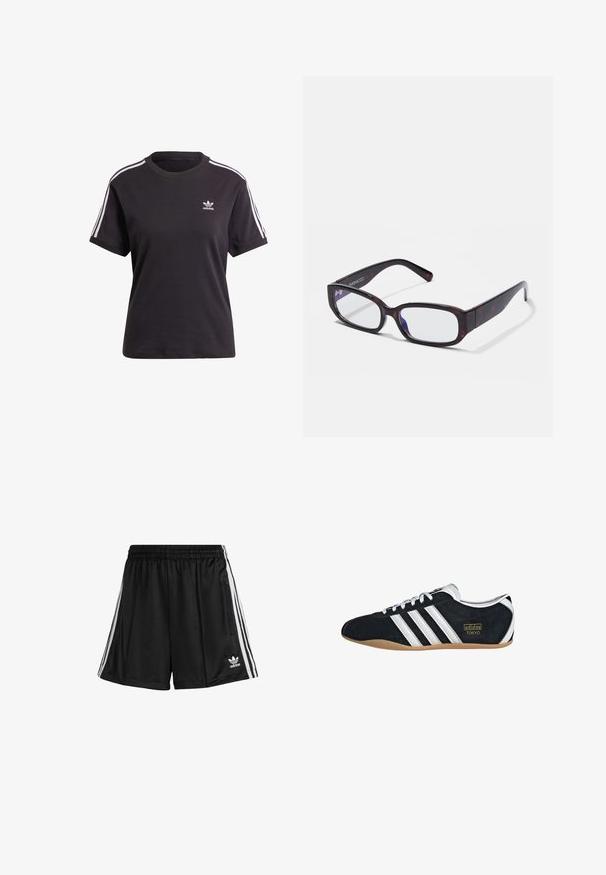 Must kõrge kaelusega must puuvillane T-särk lühikeste varrukatega, millel on valged triibud õlgadel ja väike valge Adidas'i logo rinna peal.; Mustad must sportlühikesed püksid elastse vöökohtaga, valgete küljelintidega ja paremal küljel lukuga taskuga. Adidas logo alumises vasakus nurgas.; Must musta tennisjalanikesed valgete kolme triibuga, kuldse logo ja pruuni kummitaldiga. Omab madalat sidumise disaini.; Pruunist kilpkonnakujulisest raamist valmistatud ristkülikukujulised prillid selgete läätsedega ja peenete käepidemetega, mis näitavad sujuvat tekstuuri ja minimalistlikku disaini.